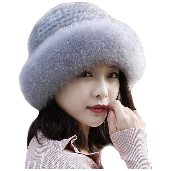 Womens Winter Hat Knitted Mink Real Fur Hats , Grey